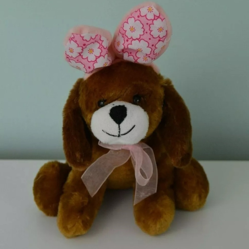 Hug & Luv Puppy Dog Plush Stuffed Animal Wearing Bunny Ears Pink Brown Easter
